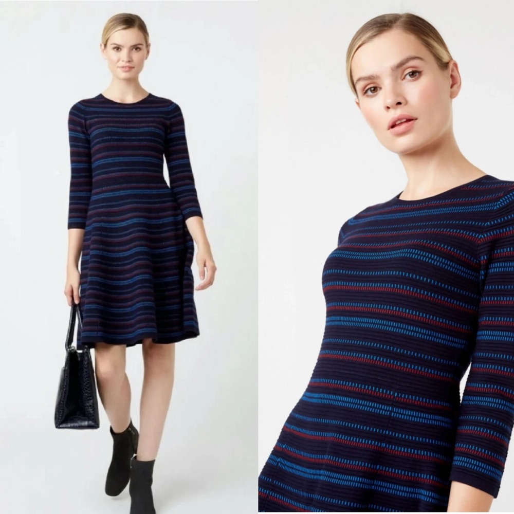 Hobbs‎ London Katie Knit Stripe Fit Flare Dress Navy Red Blue US 10 Knee length